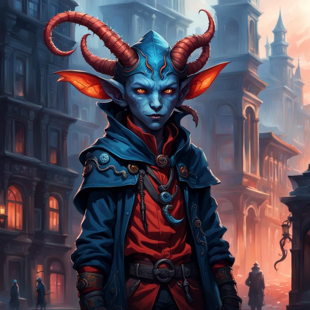 Tiefling Rogue in Victorian City: Fantasy Art
