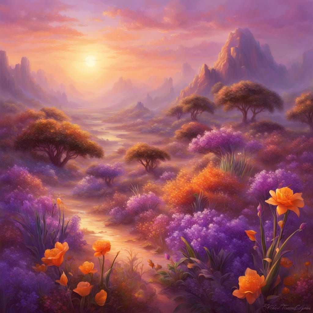 Dreamy Purple Oasis in Vibrant Orange Desert