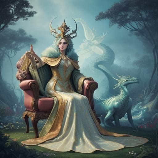 Dragon on Throne in Surrealist Garden