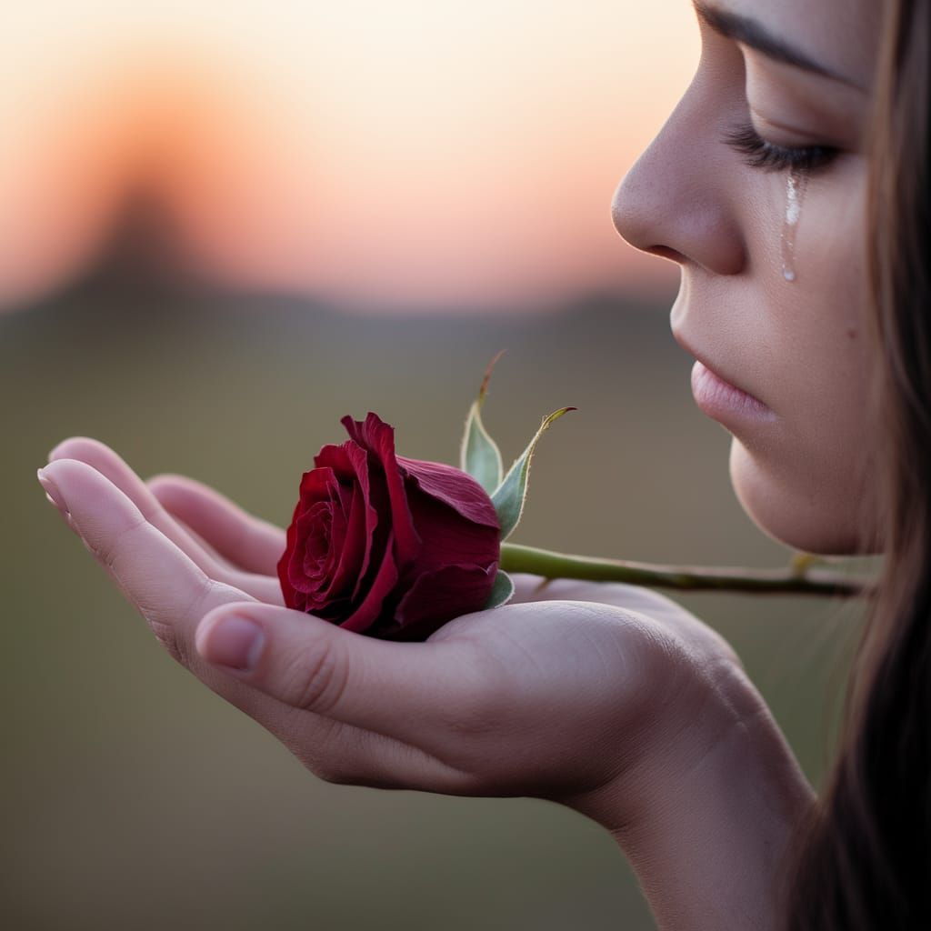 Sorrowful Moment of a Young Woman Holding a Wilting Rose