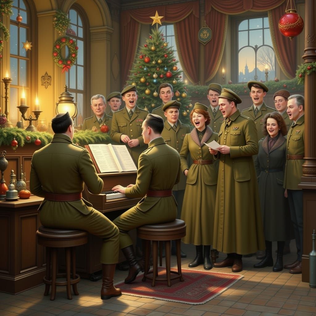 WW1 Soldiers Sing Carols at Piano in Tavern