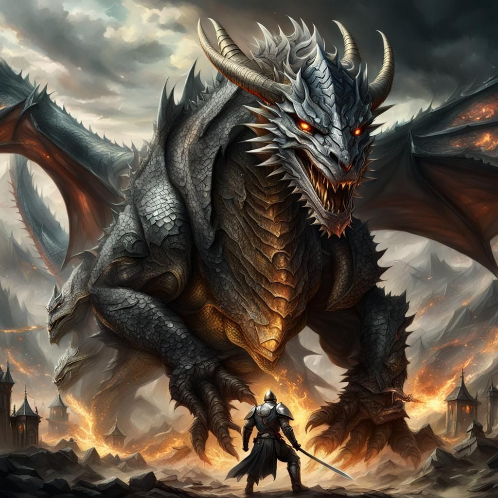 Armored Knight Dragon Fight: Epic Digital Painting