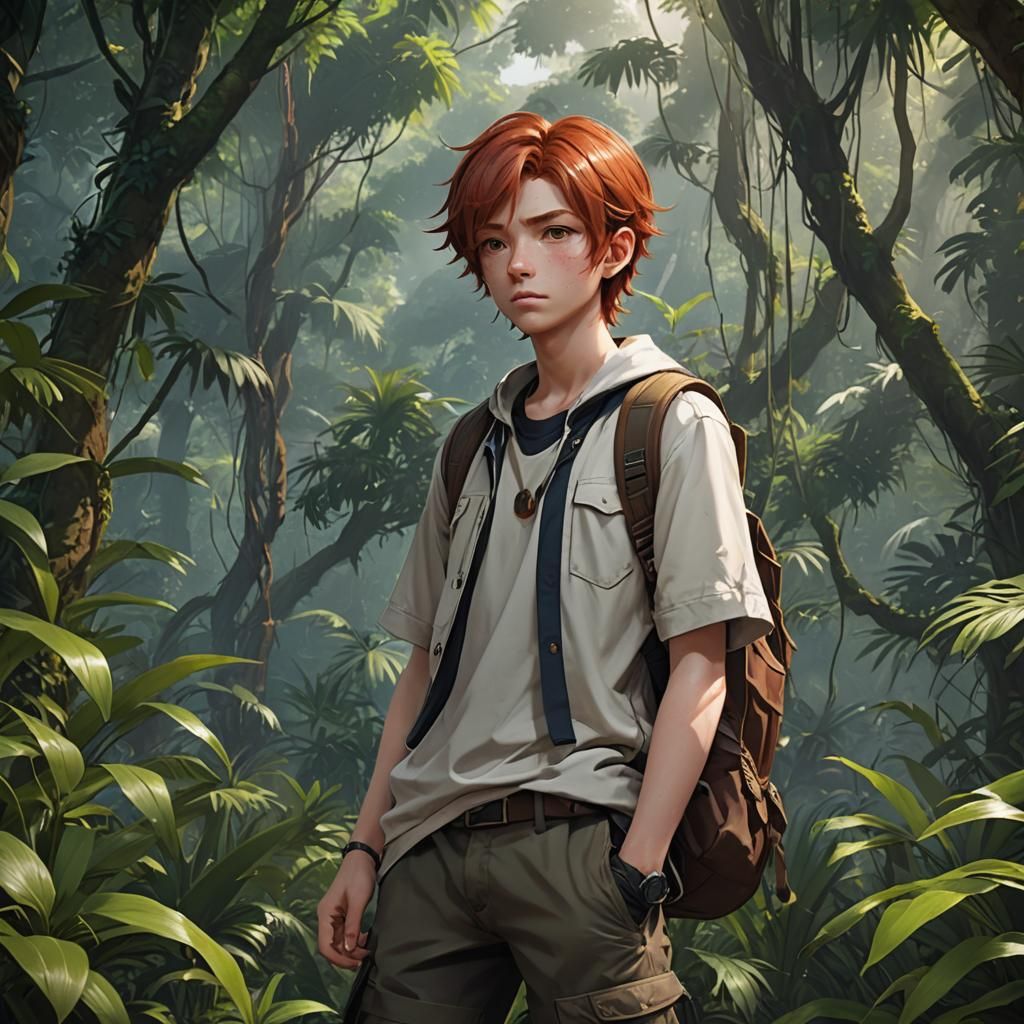 Anime Teen Boy in Jungle, 3D Art Style