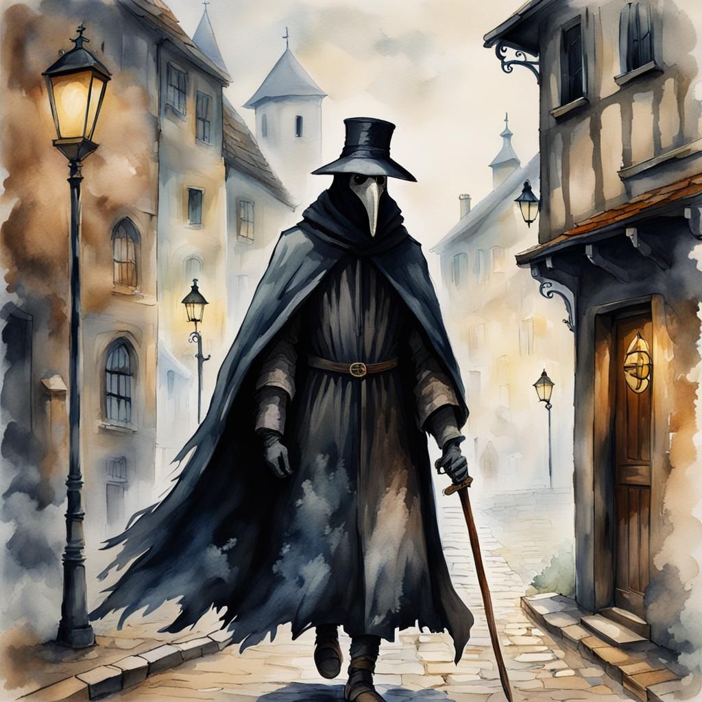 Eerie Plague Doctor in Foggy Medieval Street