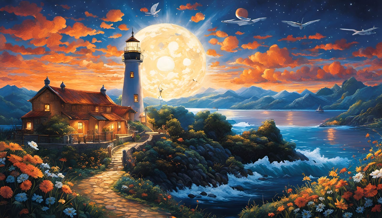 Lighthouse at Night in Starry Sky, Van Gogh Style