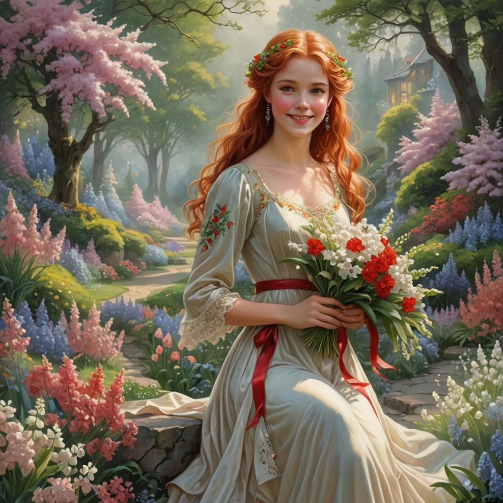 Smiling Redhead in Flower Garden, Ethereal Fantasy Style