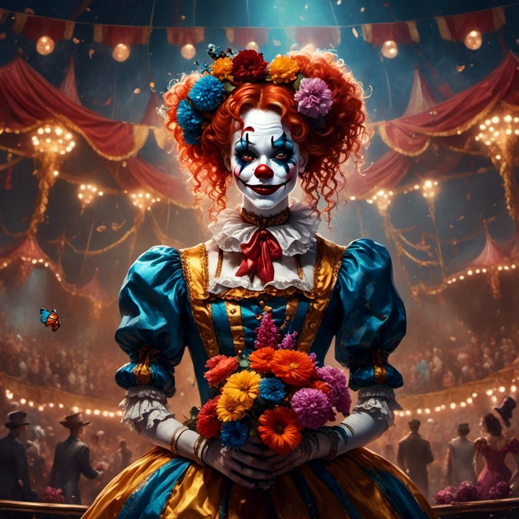 Sad Clown with Flowers on Stage