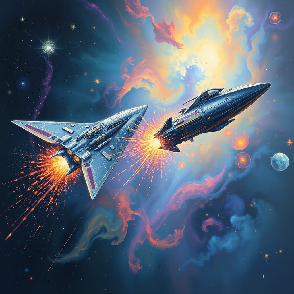 Cosmic Ballet: Spaceships in Psychedelic Nebula Art