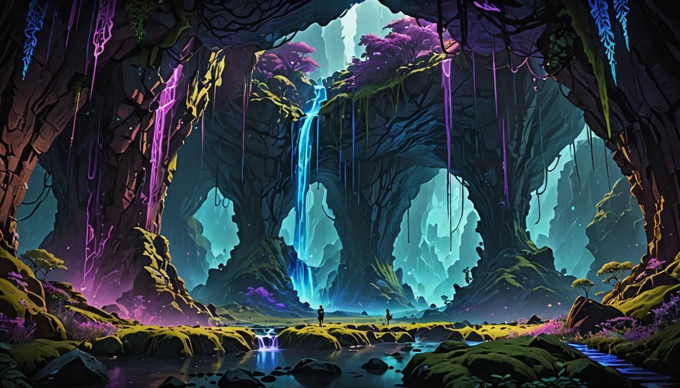 Epic Sci-Fi Fantasy Cave with Runes and Waterfall