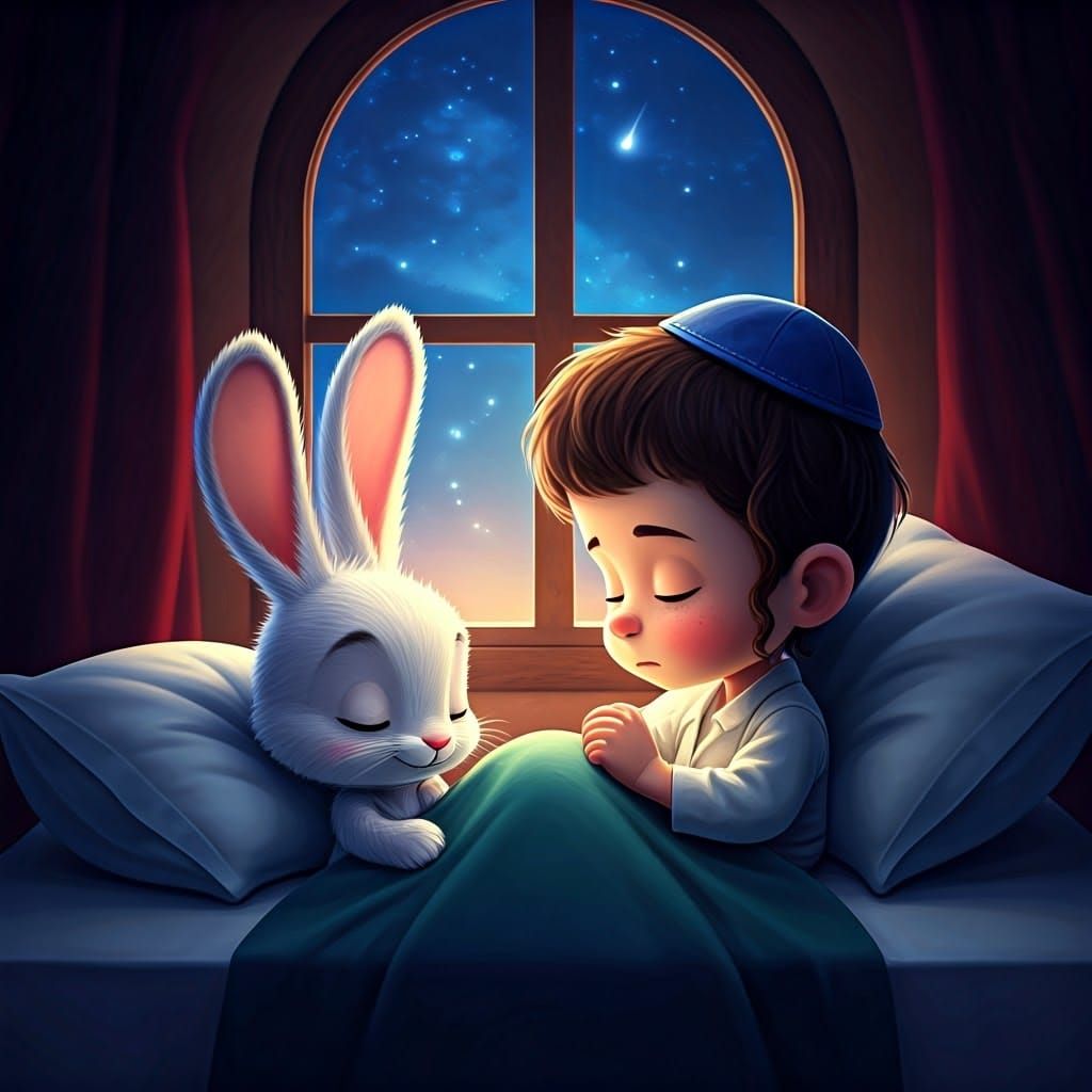Boy and Bunny Sleeping in Bed: 3D Digital Art