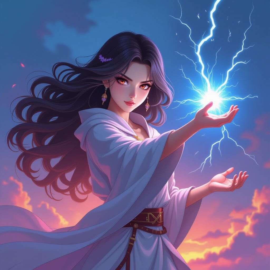 Magical Woman Conjures Lightning Bolt in Anime Style