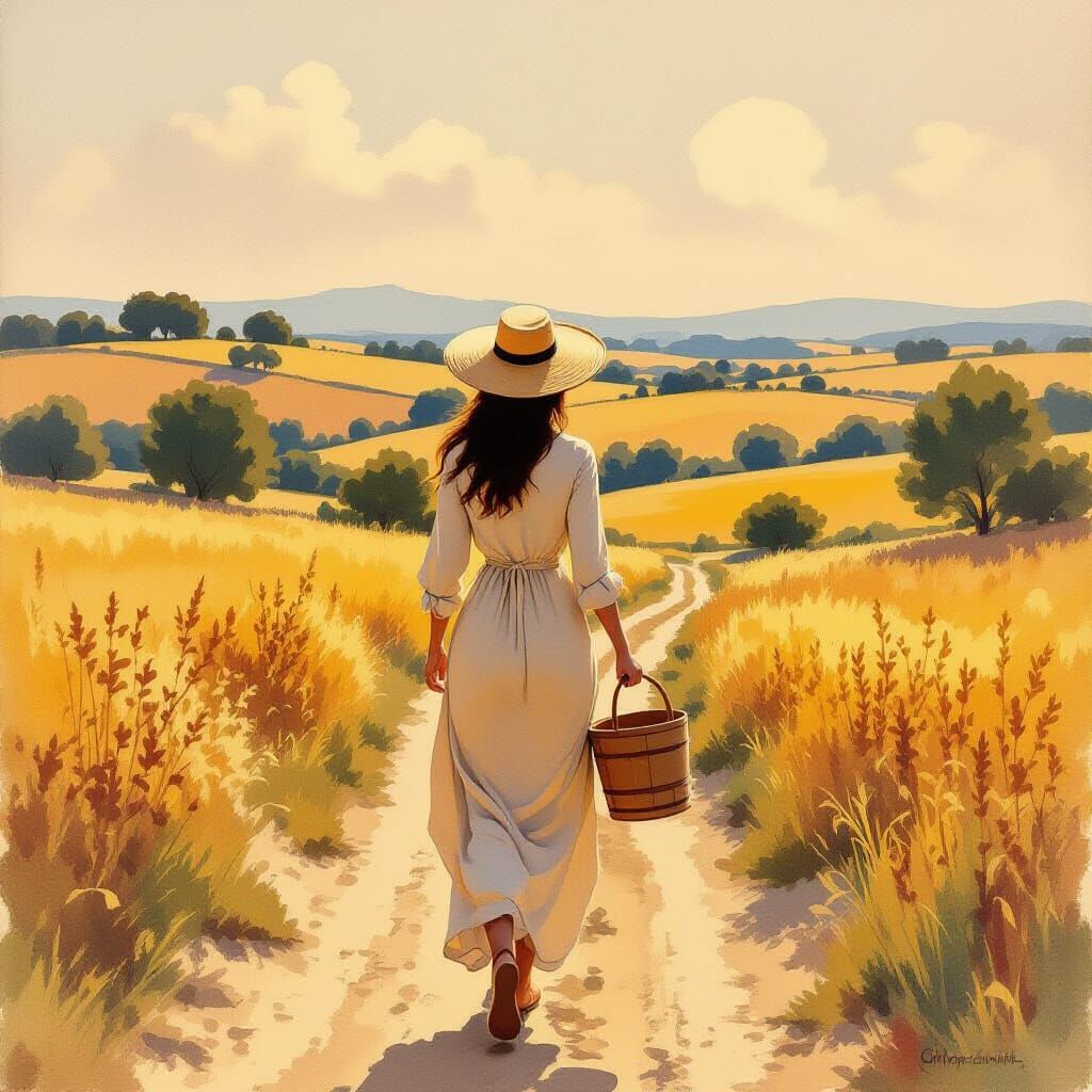 Woman Walking in Golden Landscape Watercolor Painting