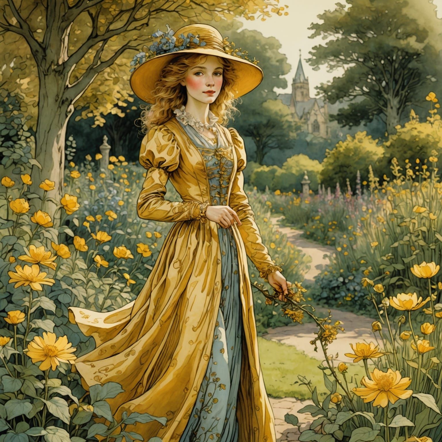 Golden Girl in Enchanted Garden Illustration