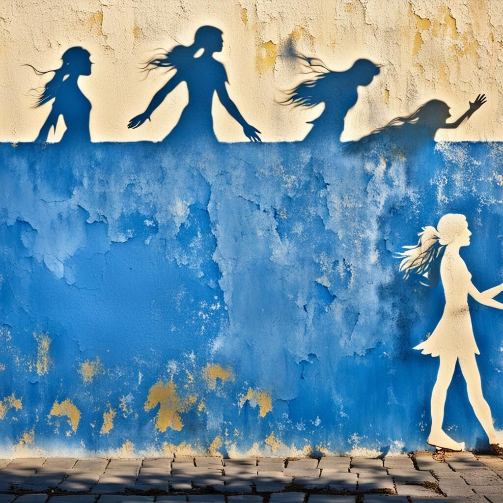 Fairies Shadow Play on Blue Wall in Greece