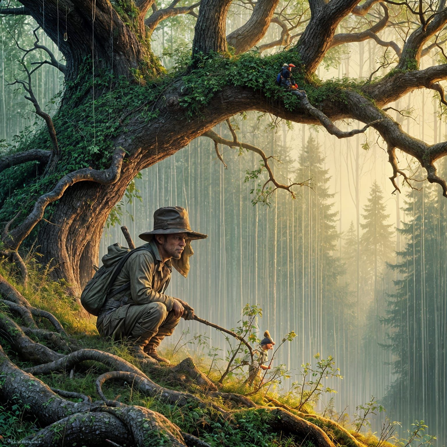 Elmer Fudd Hiding in Rainy Forest, Gouache Style