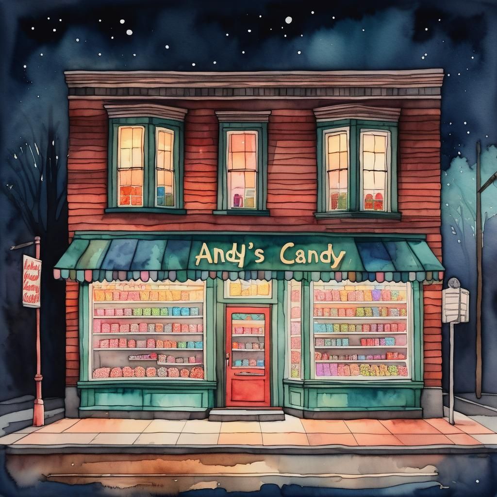 Nighttime Watercolour Storefront in Andy's Candy Shop