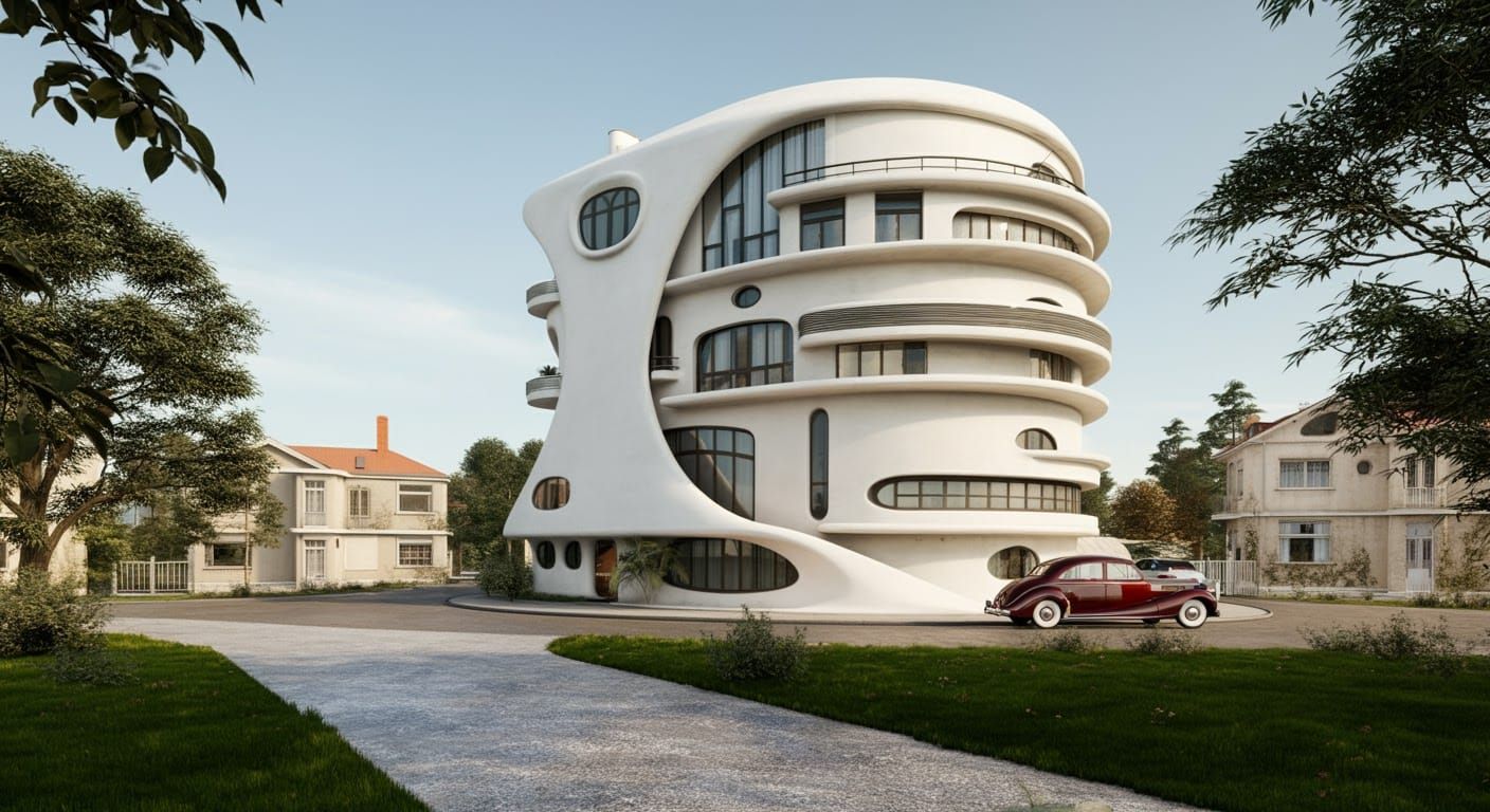 Futuristic Circular House with Vintage Car