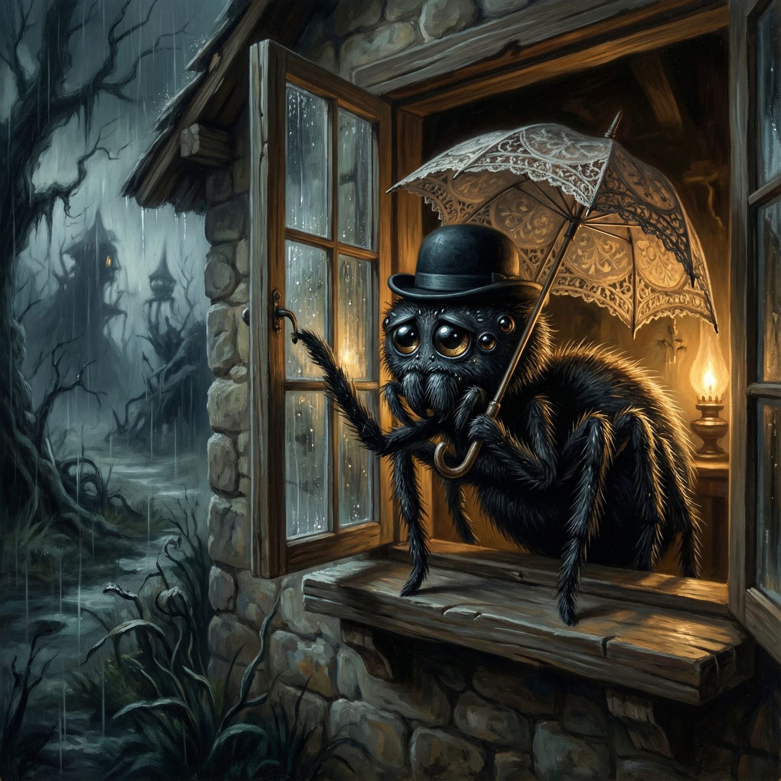 Hairy Spider in Bowler Hat on Rainy Day