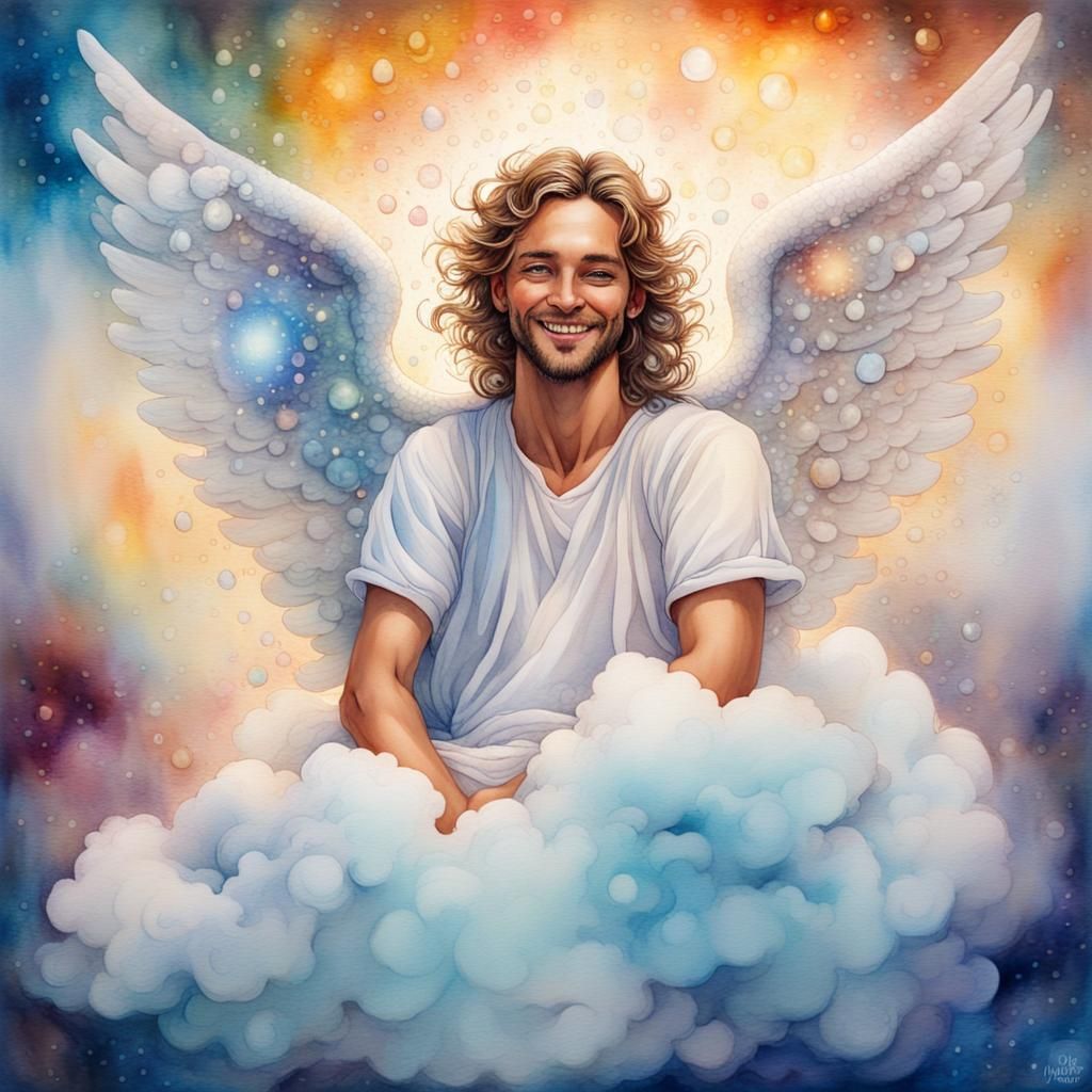 Radiant Angel Smiling on a Cloud in Watercolour