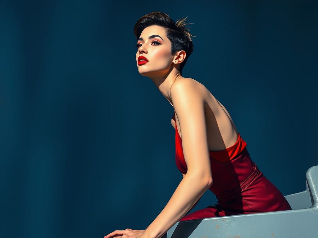 Androgynous Woman Ascends Minimalist Staircase in Impression...