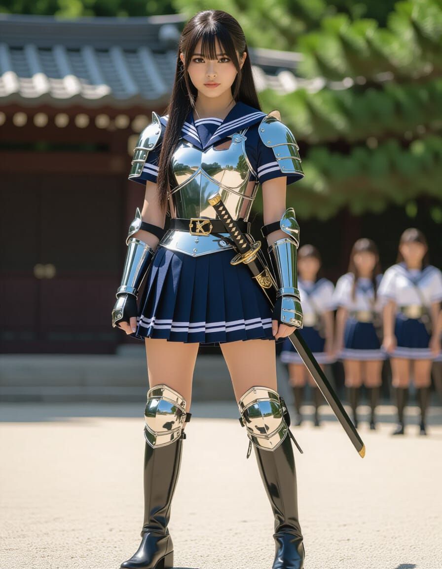 Nervous Sailor-Armor Warrior with Sword in School Gym