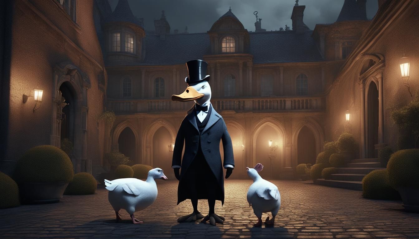 Goose vs Pig Rivalry in Gothic Setting, 3D Animation
