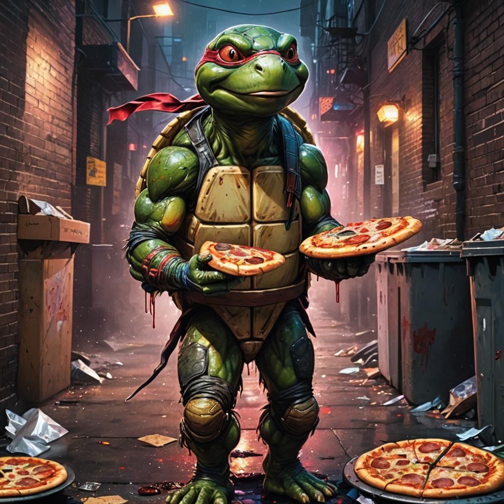 Hyperrealistic Ninja Turtle in Grungy Cyberpunk Alley