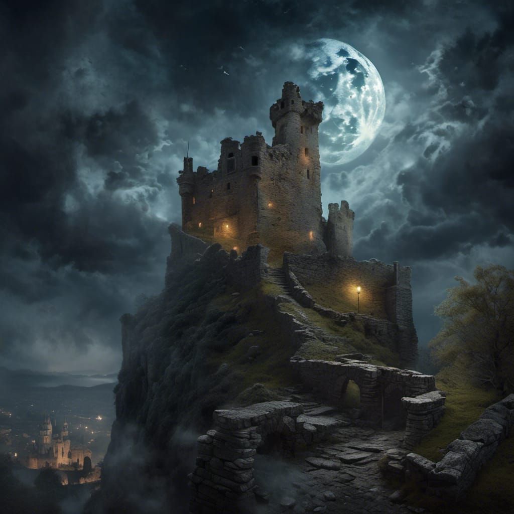 Ectoplasmic Figure Drifts Over Ruined Castle