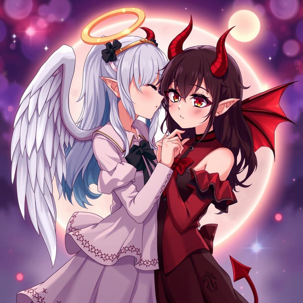 Angel and Devil Girls as Lovers in Anime Style