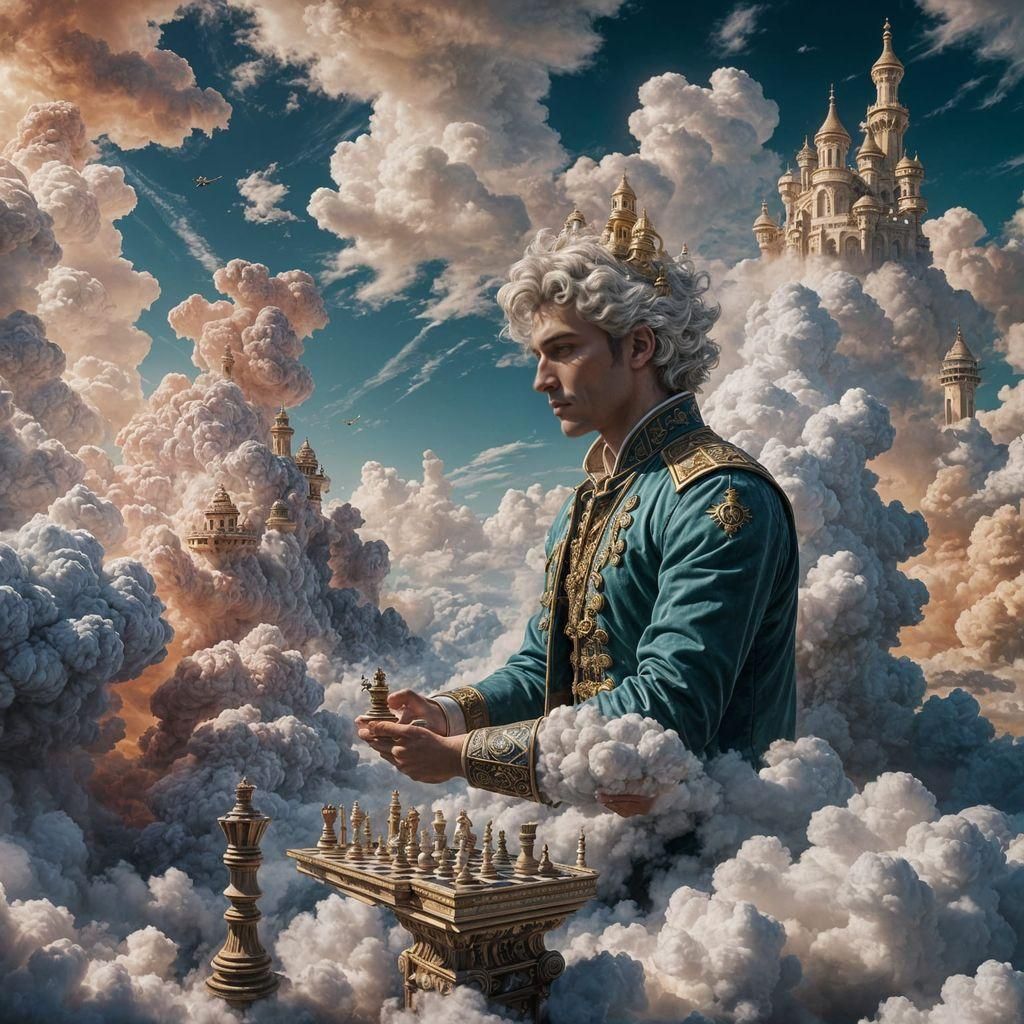 Man Plays Chess on Cloud in Digital Painting