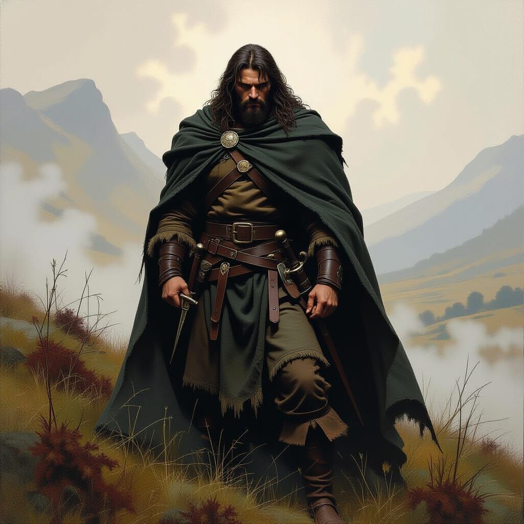 William Wallace in Dark Cloak Amidst Misty Scottish Landscap...