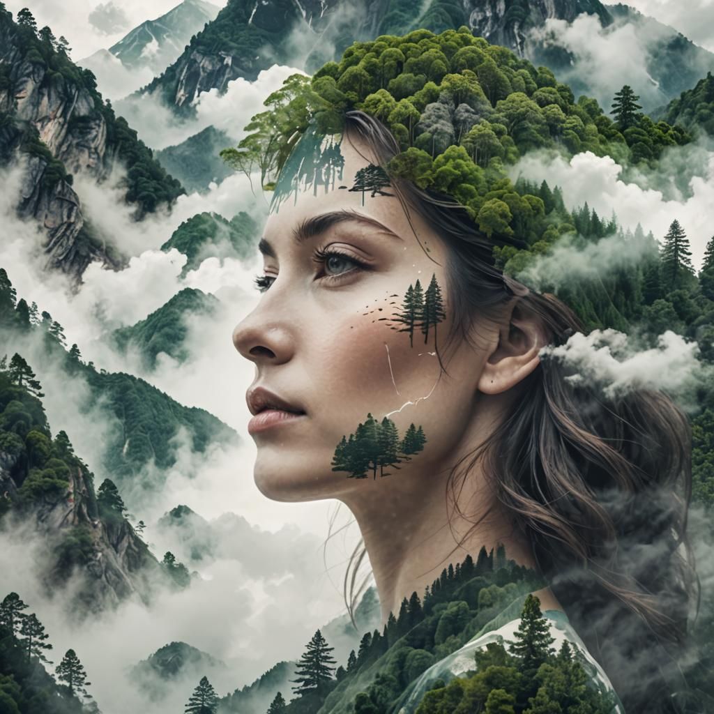 Woman's Face Blended with Mountain Landscape, Digital Art