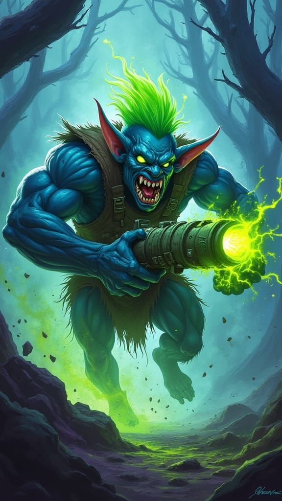 Blue Goblin Warrior Leaping Through Haunted Forest