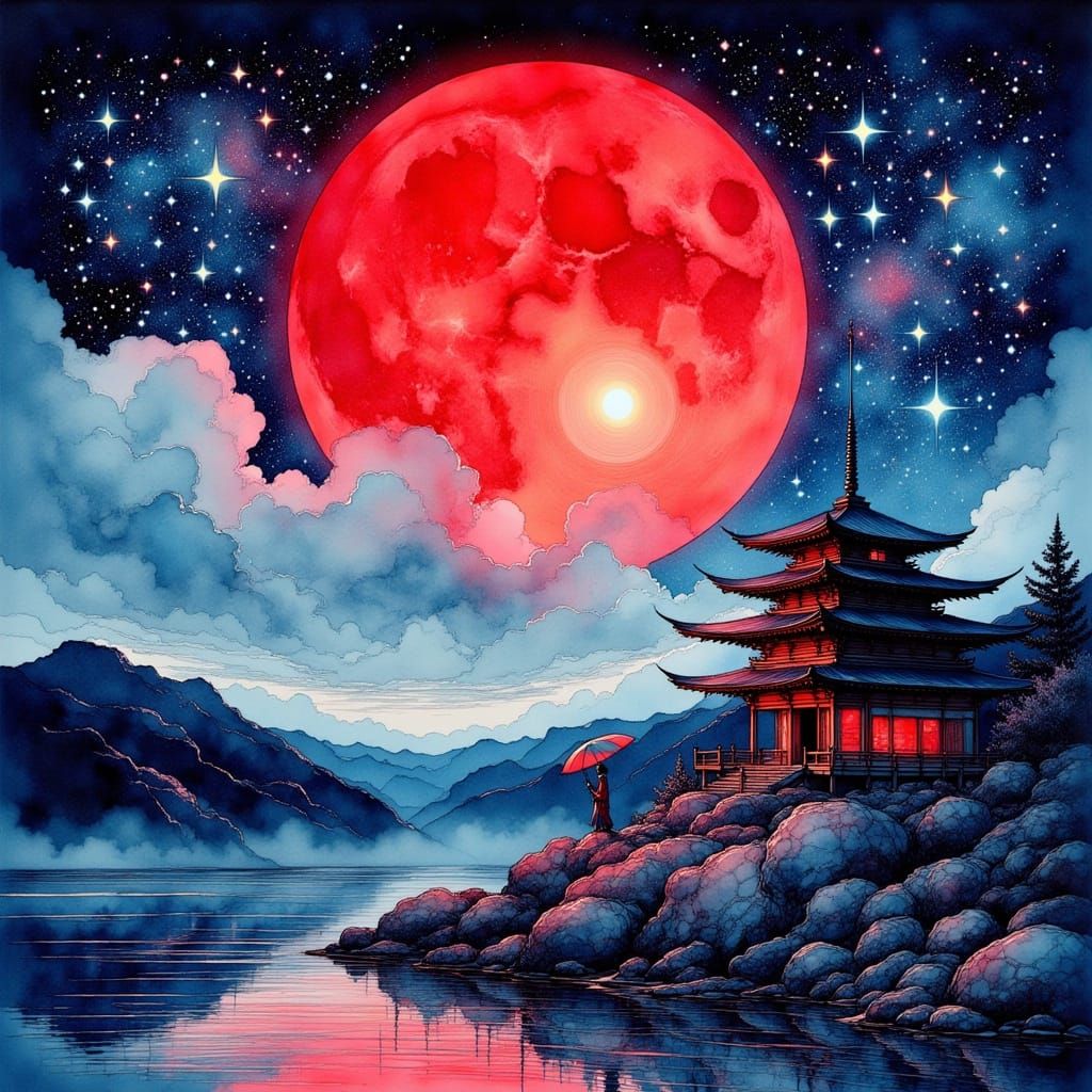 Crimson Moon Over Japanese Temple with Ninja
