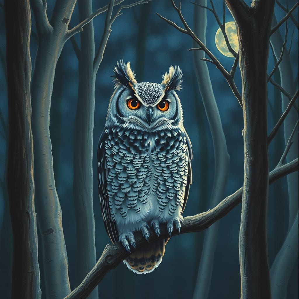 Great Horned Owl in Forest: Detailed Pastel Drawing