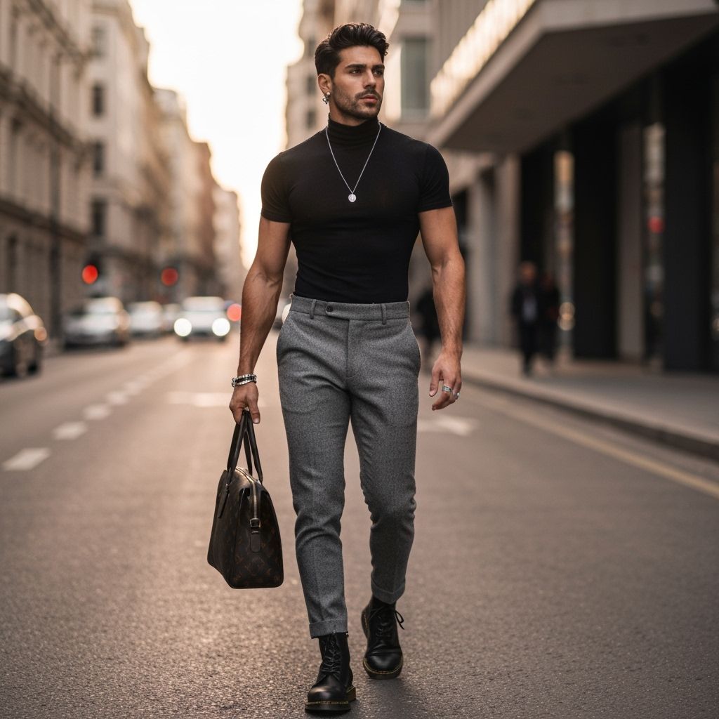 Muscular Man in City at Sunset, Photorealistic Style