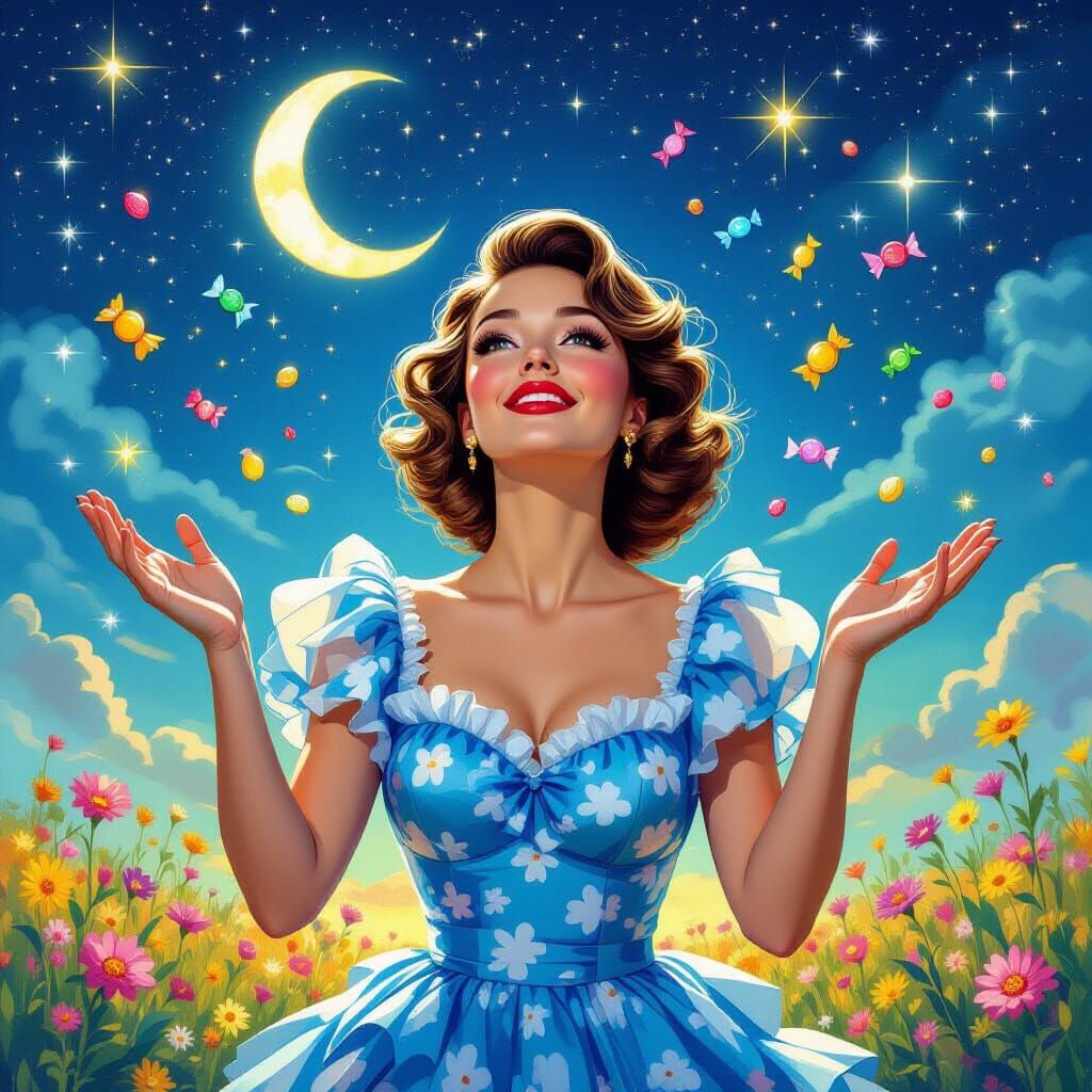 Fantastical Woman in Floral Dress in Fairyland