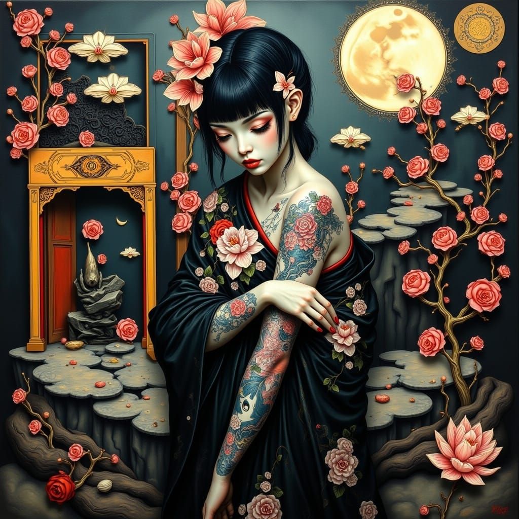 Tattooed Mourning Geisha in Surreal Impasto Temple
