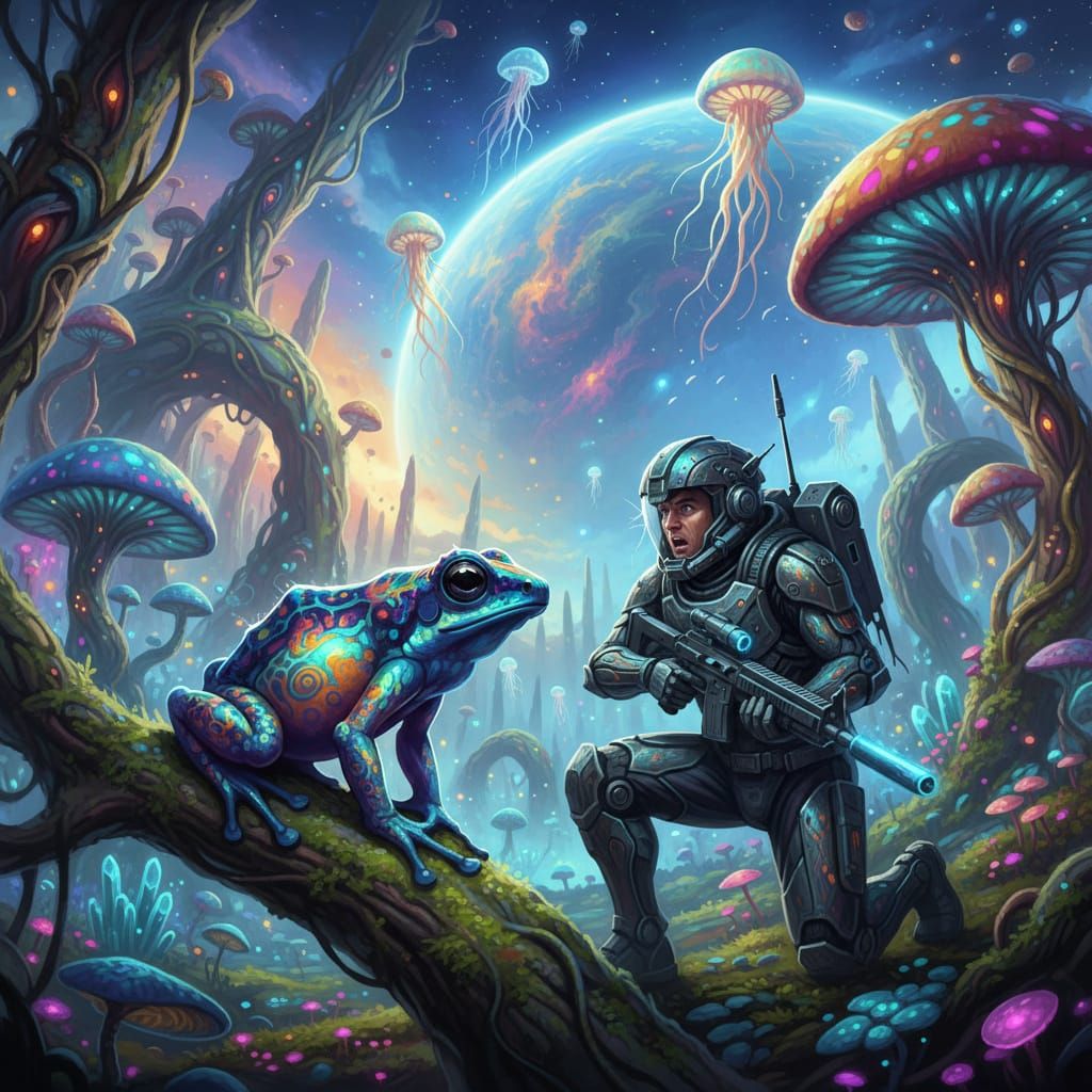 Alien Frog Watches Space Trooper Explore Vibrant Planet