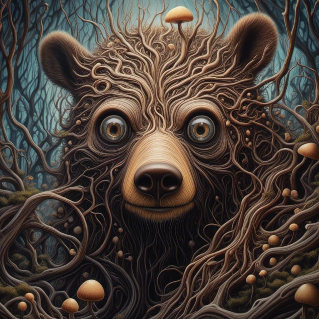 Surreal Bear in Mystical Forest, Oil Painting Style