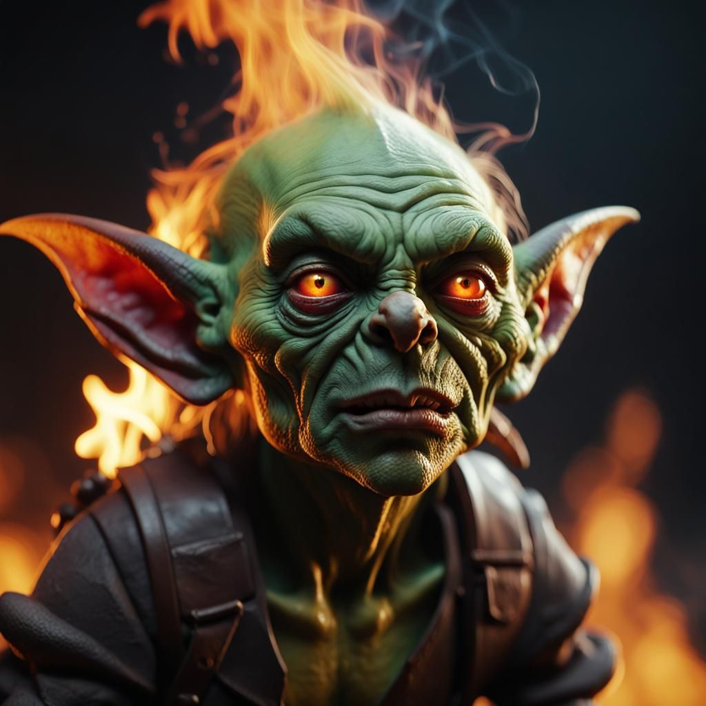 Hyperrealistic Goblin Portrait in Fire and Smoke