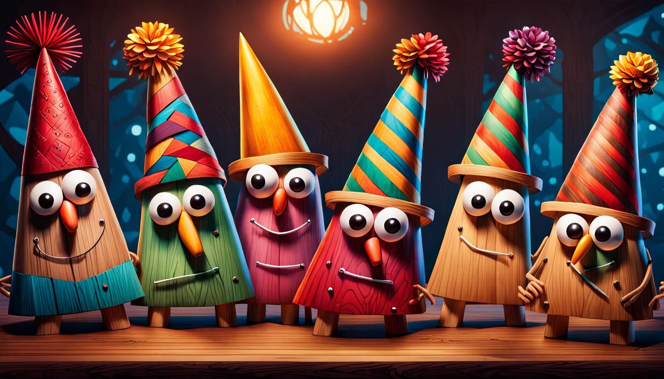 Anthropomorphic Lumberjacks Celebrate with Party Hats