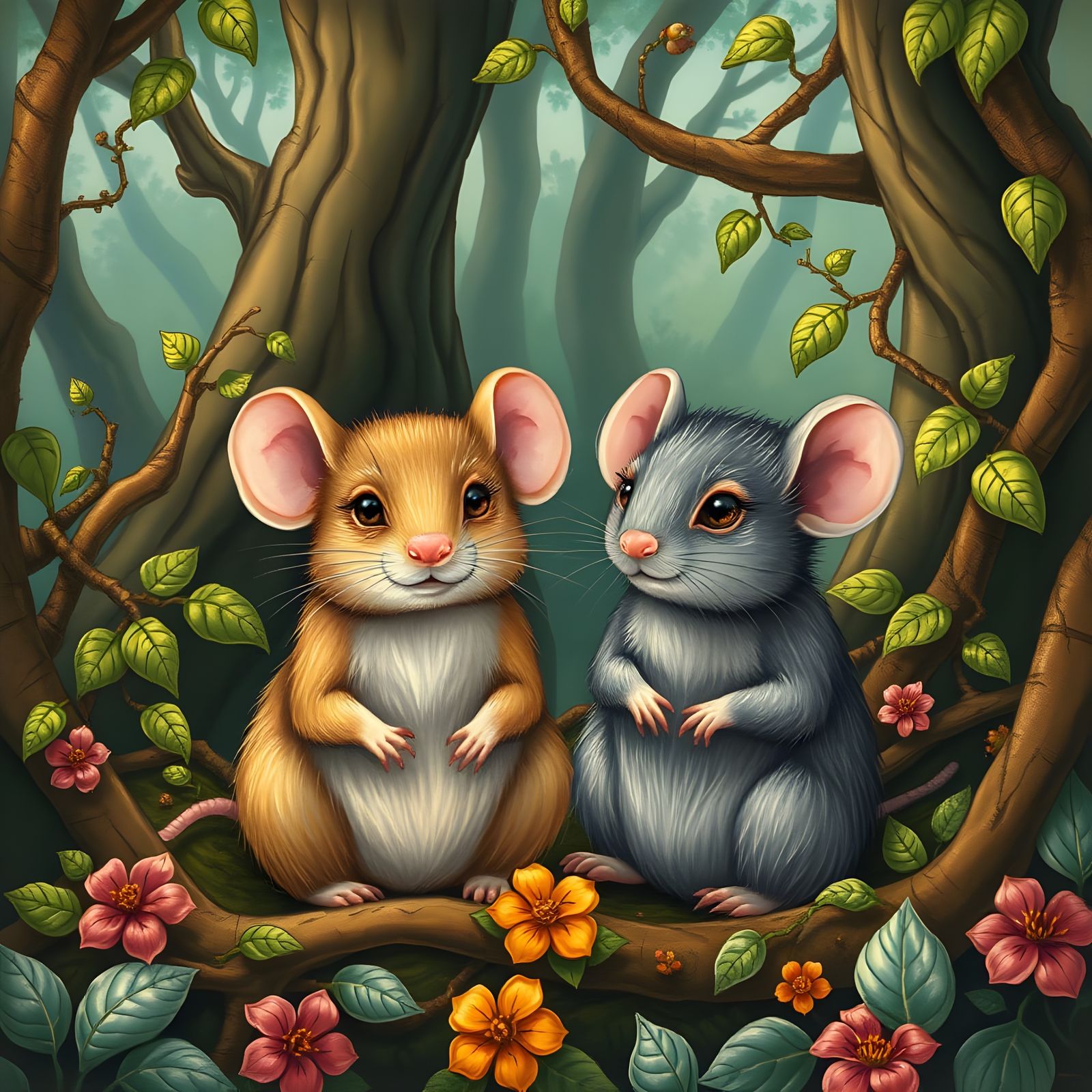 Whimsical Mice in a Vibrant Forest Scene