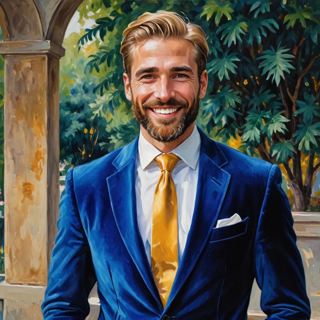 Handsome Blond Man in Blue Velvet Suit, Impressionist Oil Pa...