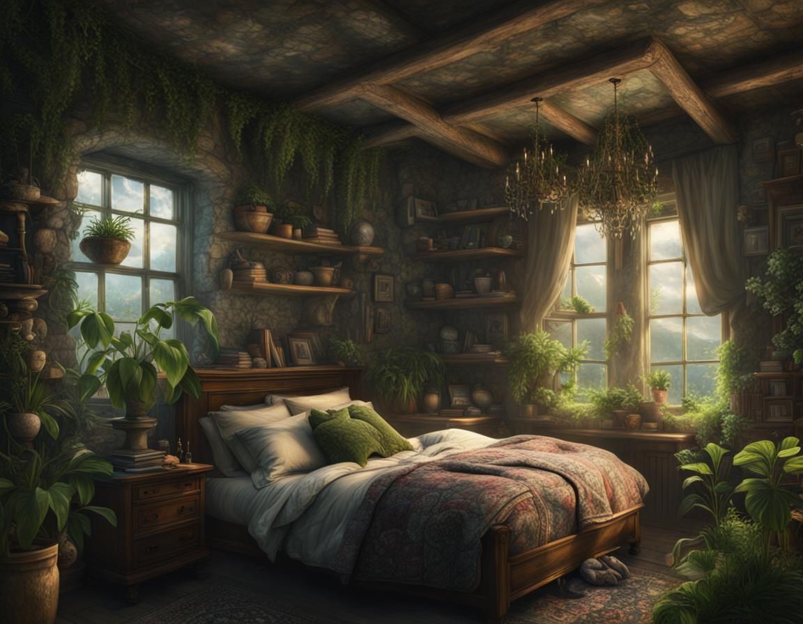 Cottagecore Stone Cottage Bedroom with Plants and Frogs