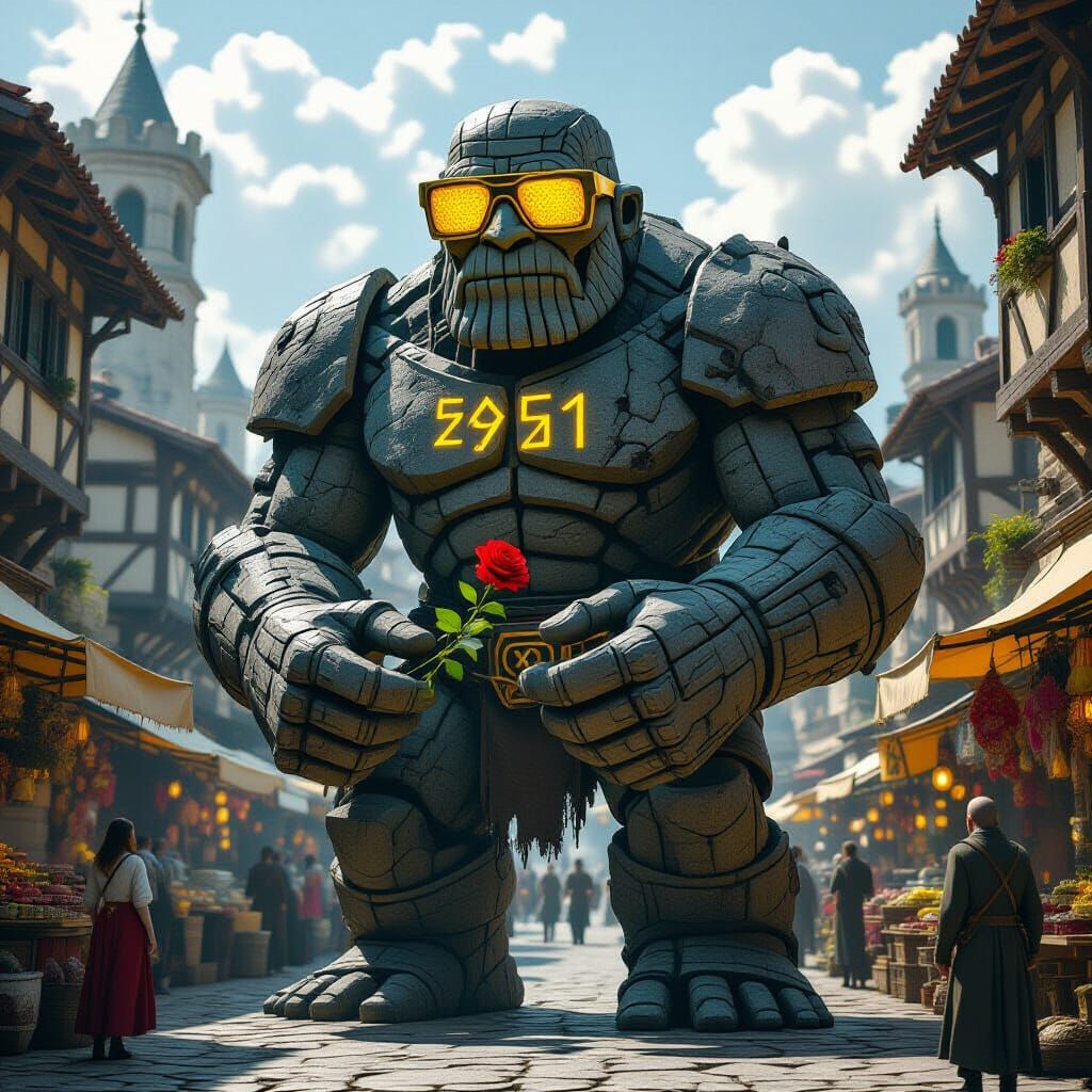 Ancient Stone Golem Guards Medieval Market With Rose