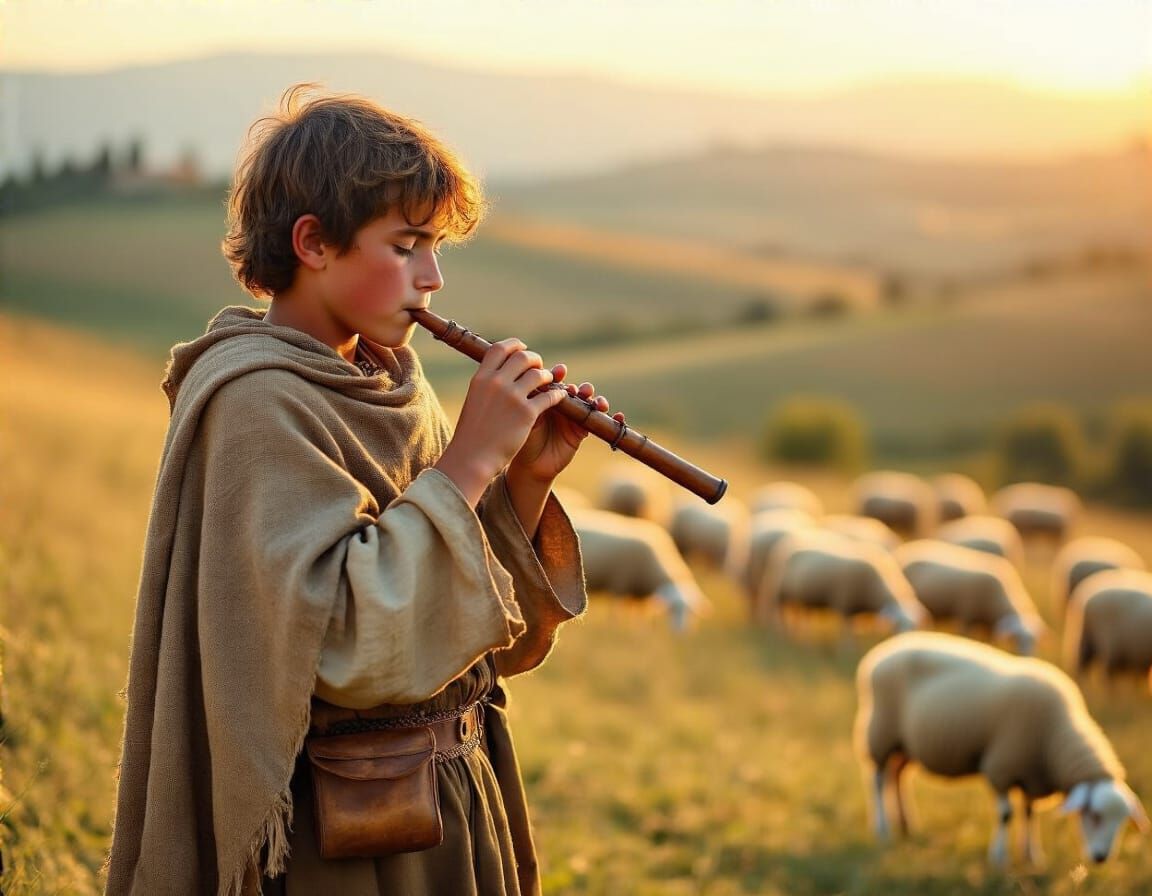 Tuscan Shepherd Boy Playing Flute at Golden Hour