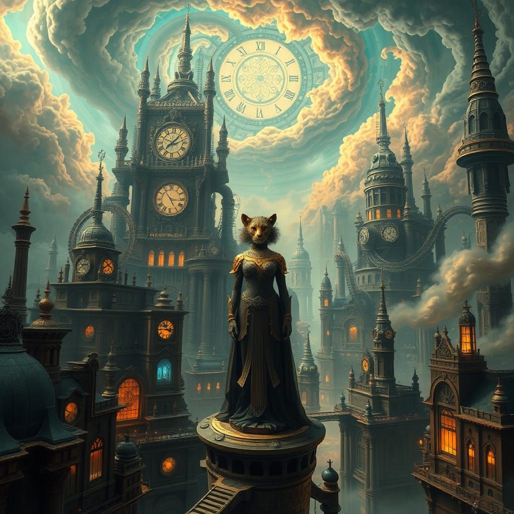 Ethereal Steampunk Metropolis with Leopard Queen