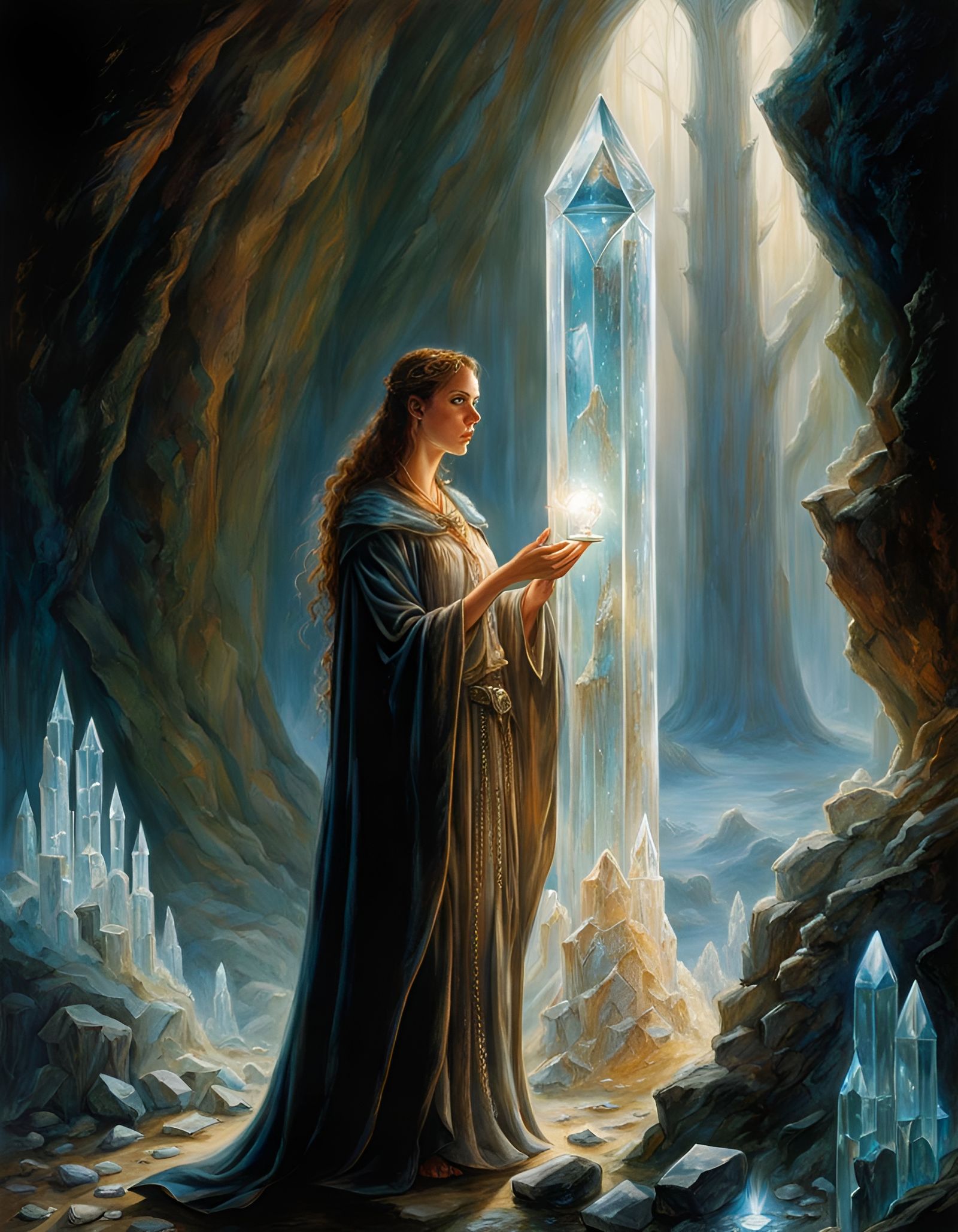 Freckled Wizard in Crystal Cave with Golem