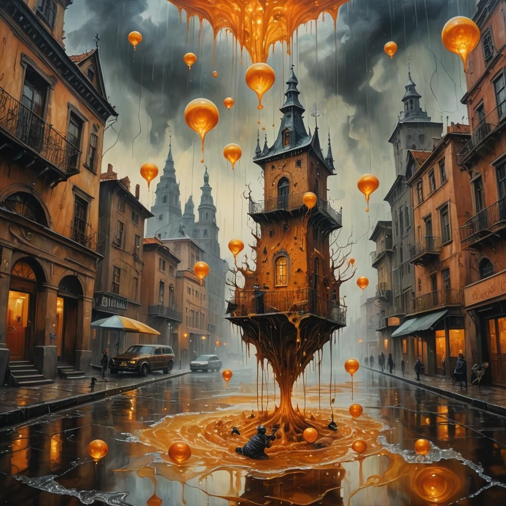 Surreal Cityscape Oil Painting with Melting Objects